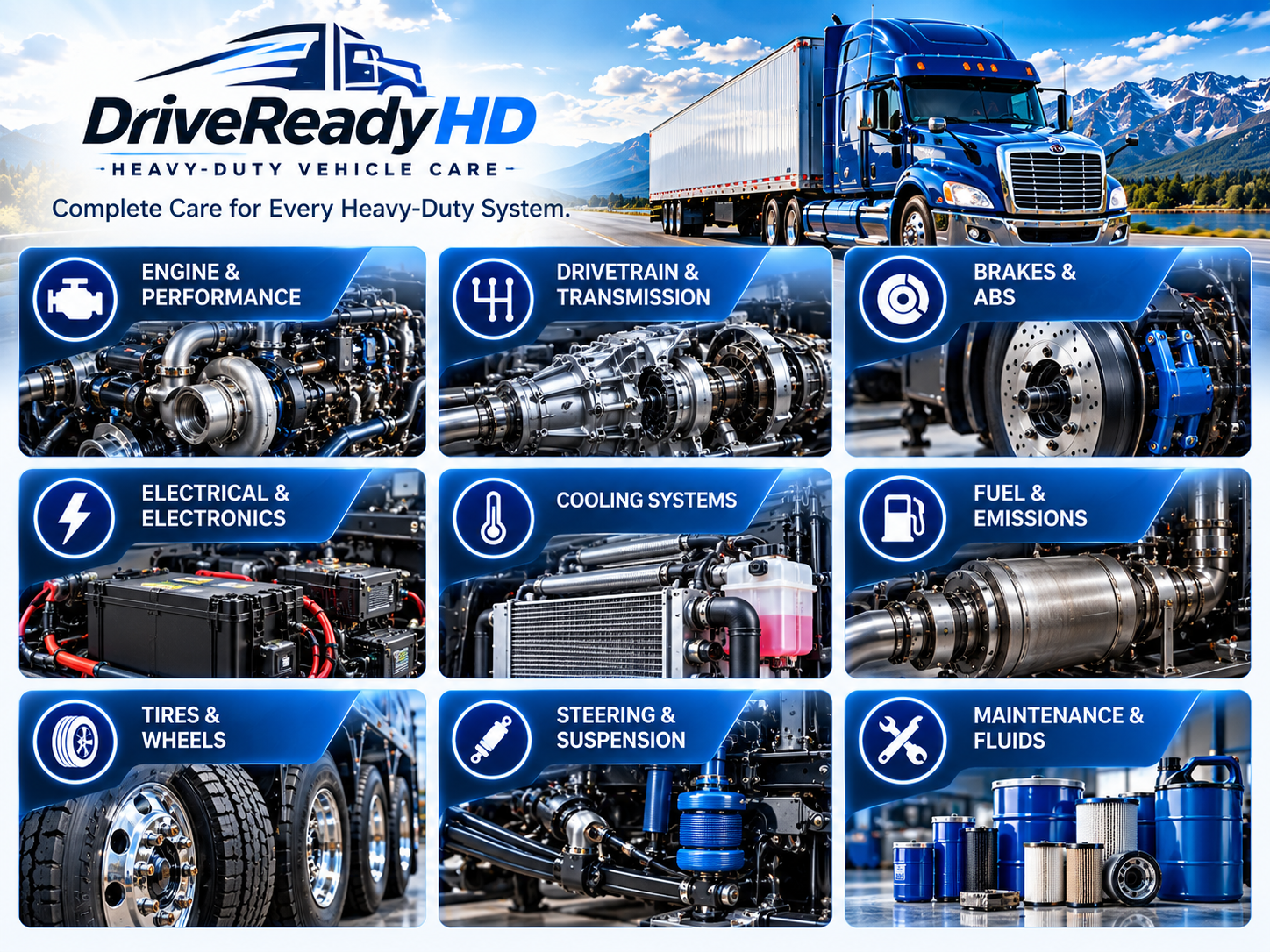 DriveReadyHD heavy-duty service categories including engine, drivetrain, brakes, electrical, cooling, emissions, tires, suspension, and maintenance