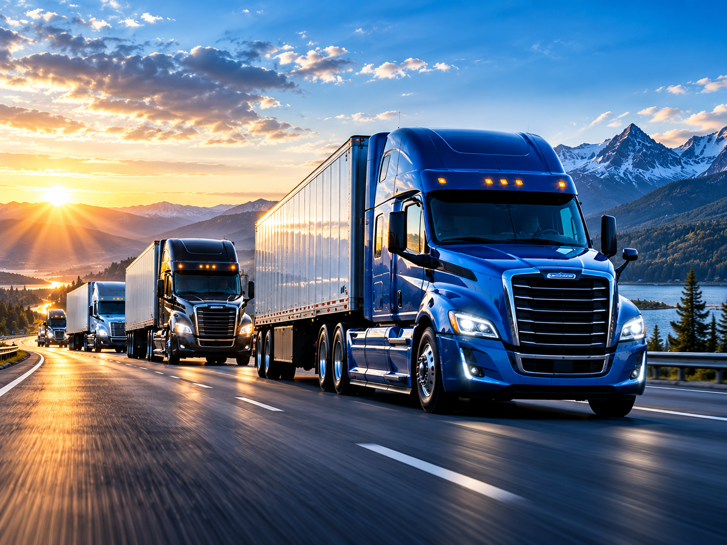 Convoy of modern heavy-duty commercial trucks traveling on an open highway at sunrise