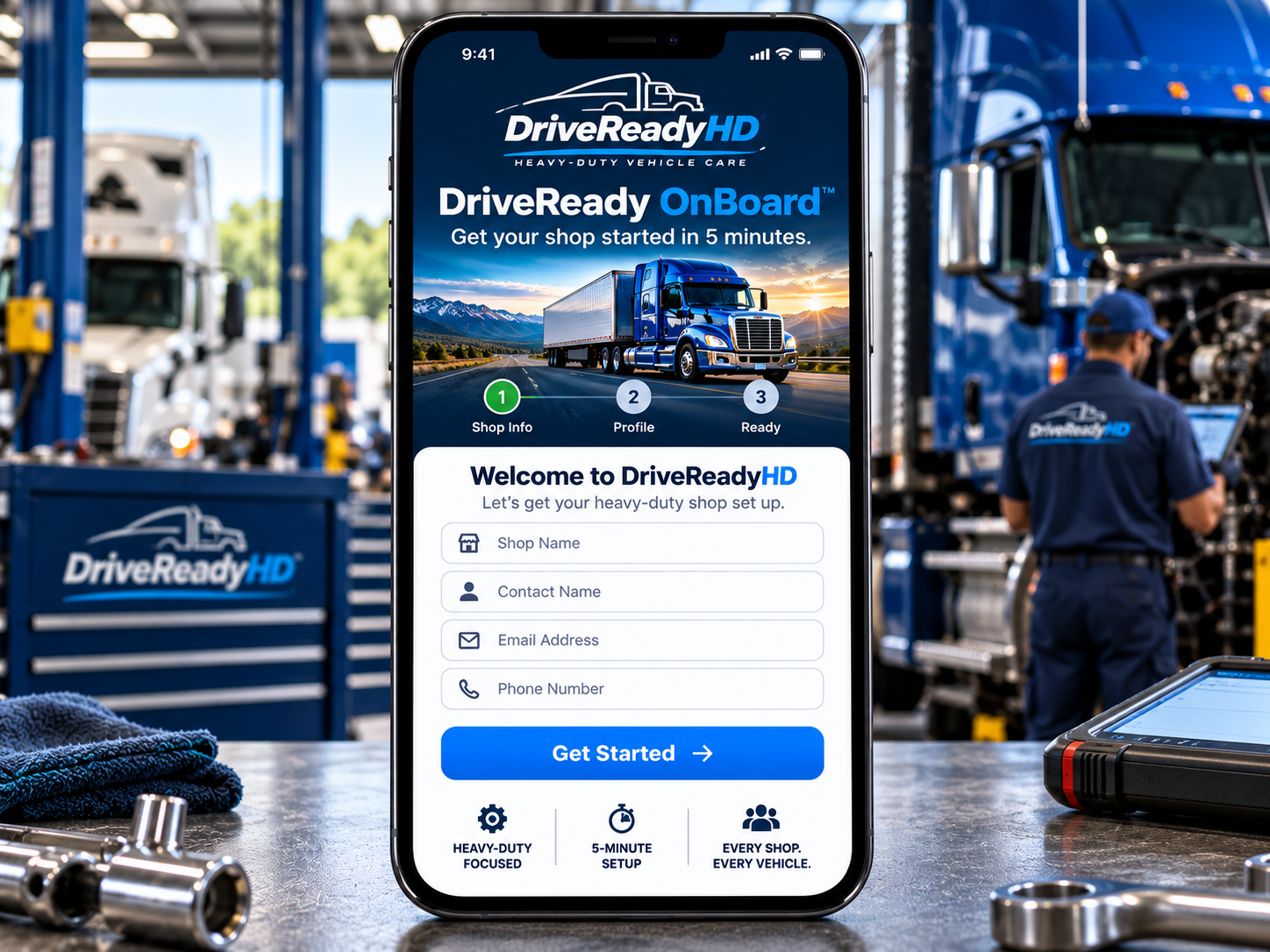 DriveReadyHD OnBoard heavy-duty shop enrollment screen