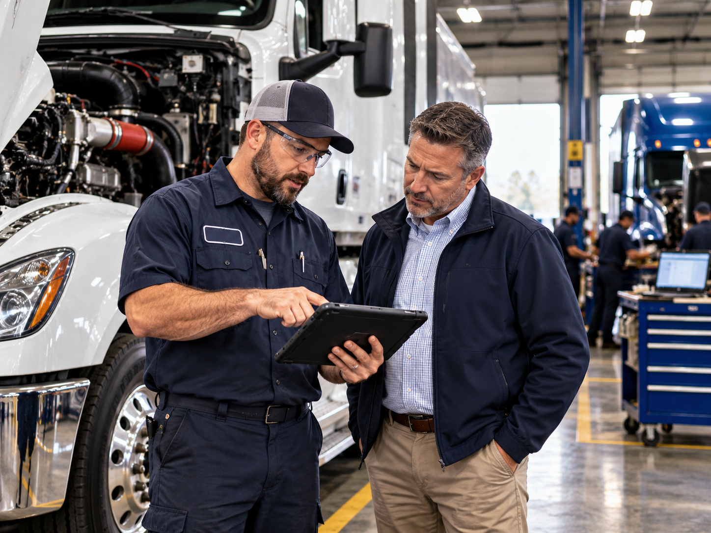 Heavy-duty technician and fleet maintenance manager reviewing truck condition in a service bay